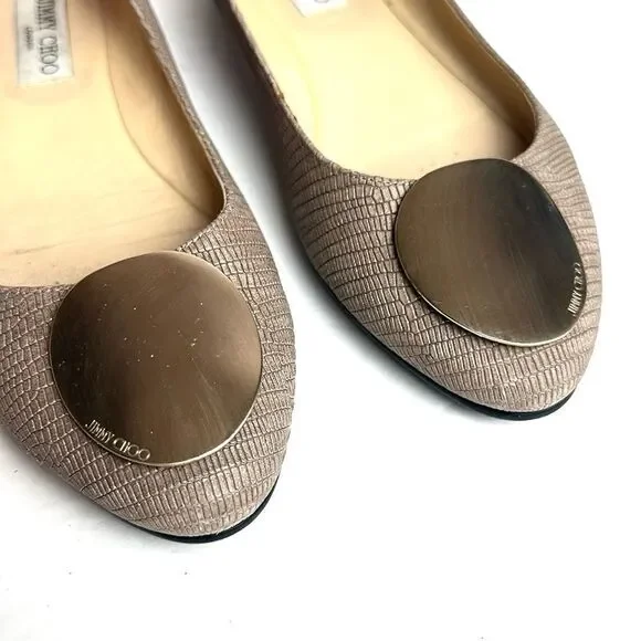 Jimmy Choo WRAY Ballet Flats Printed Leather Nude Gold Logo Medallion Italy US 7